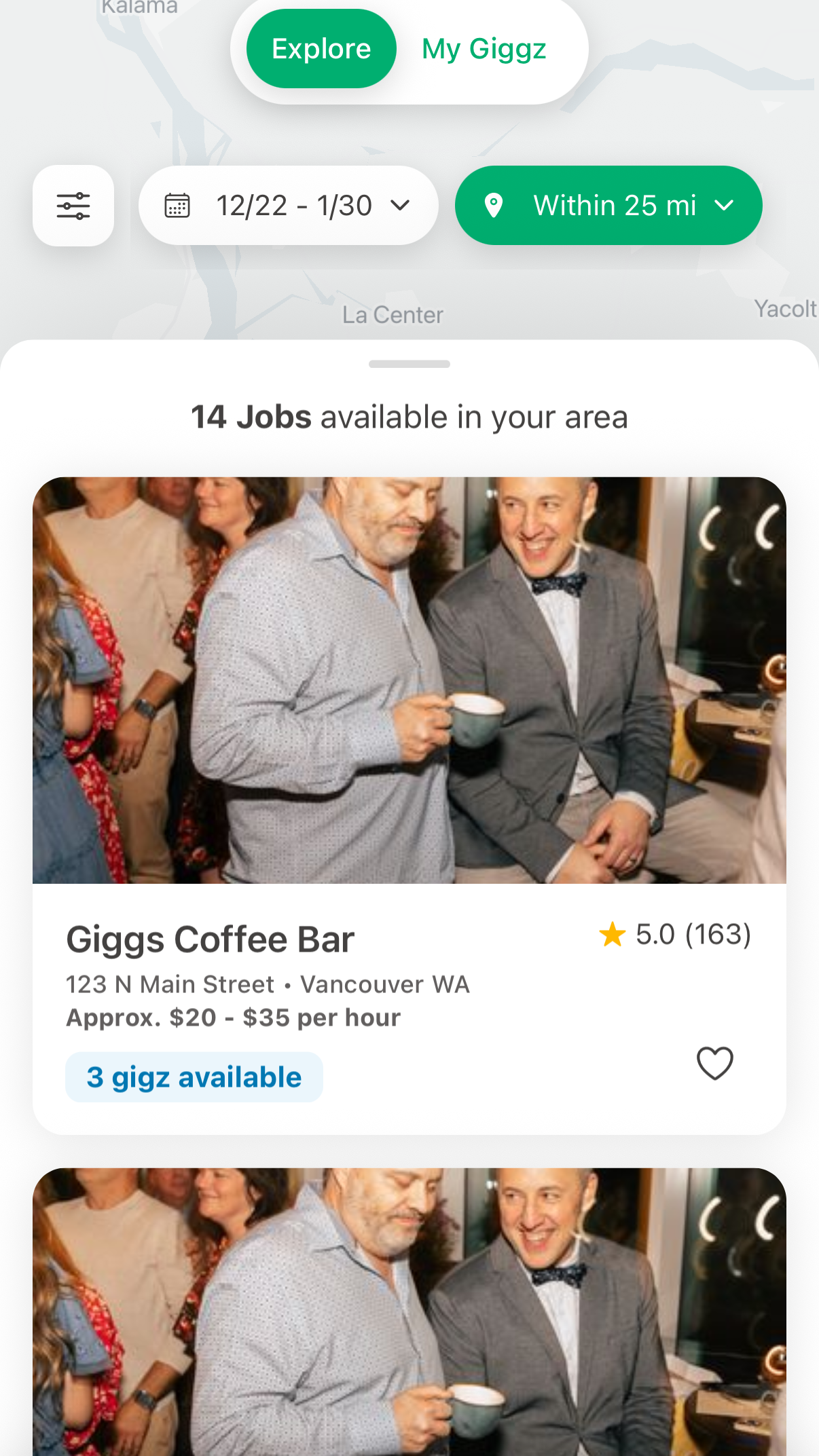 Giggz app showing restaurant gig listings with ratings and pay