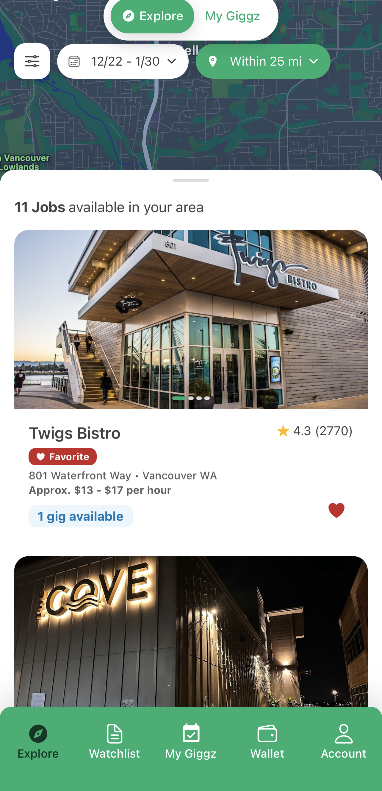 Giggz app explore screen showing gig locations on a map